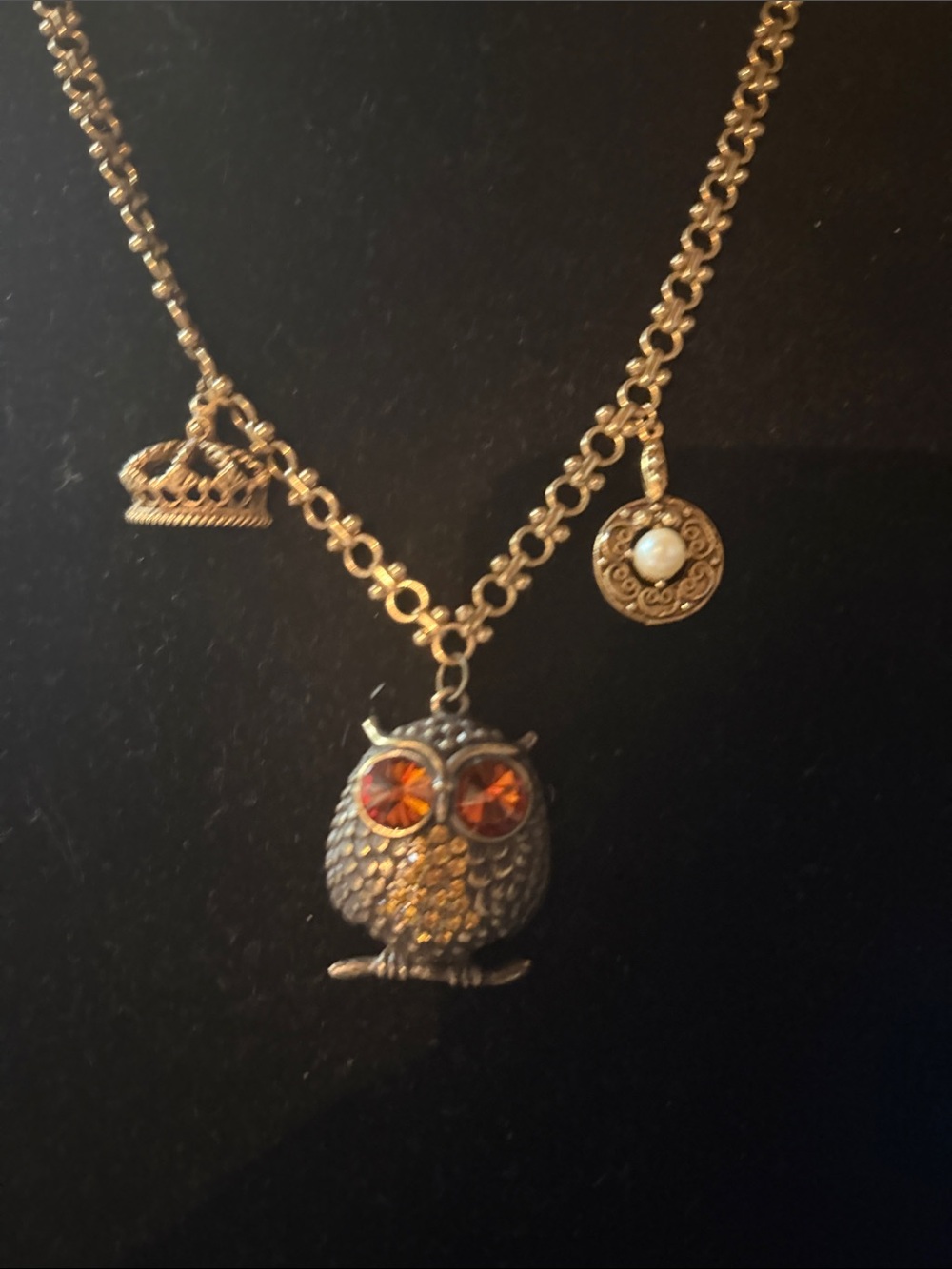 Gold-Tone Owl Pendant Necklace with Crown & Coin Charms